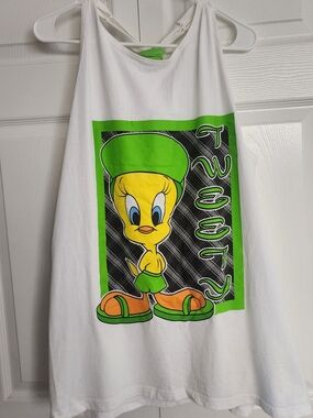 Vintage 90s Looney Tunes Tweety Bird Swim White Tank Top Cover Up, One Size